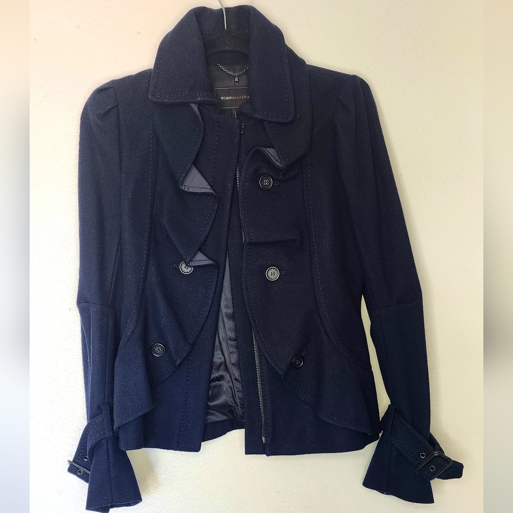 BCBG MaxAzria Navy Blue Wool Ruffled Pea Coat Size: XS